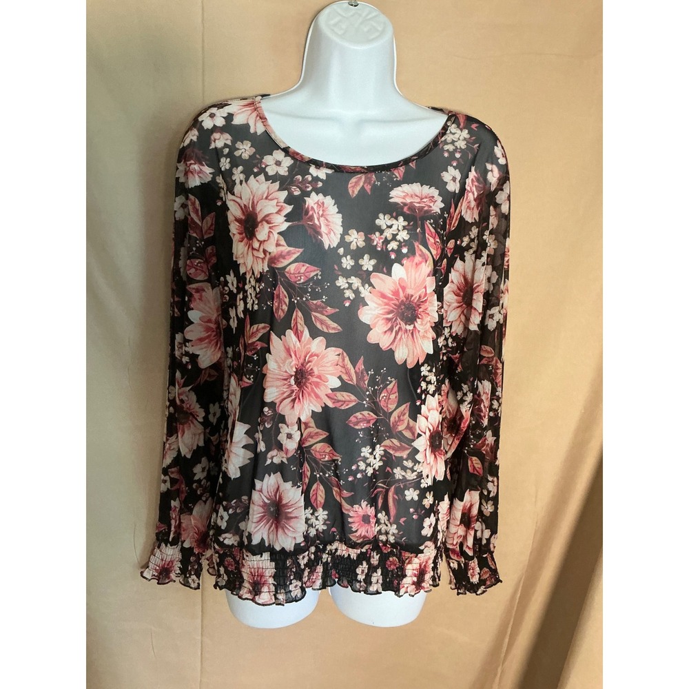 A Love Story Blouse Womens Large Black Pink Floral Excellent Sheer Smocked Mesh